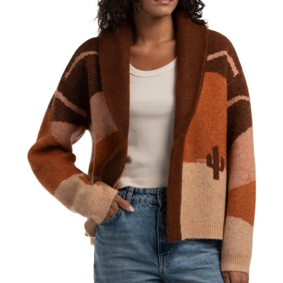 NWT$120 LUCKY BRAND Horse Shawl Wool Mix Cardigan Brown Western Americana MEDIUM - Picture 1 of 6